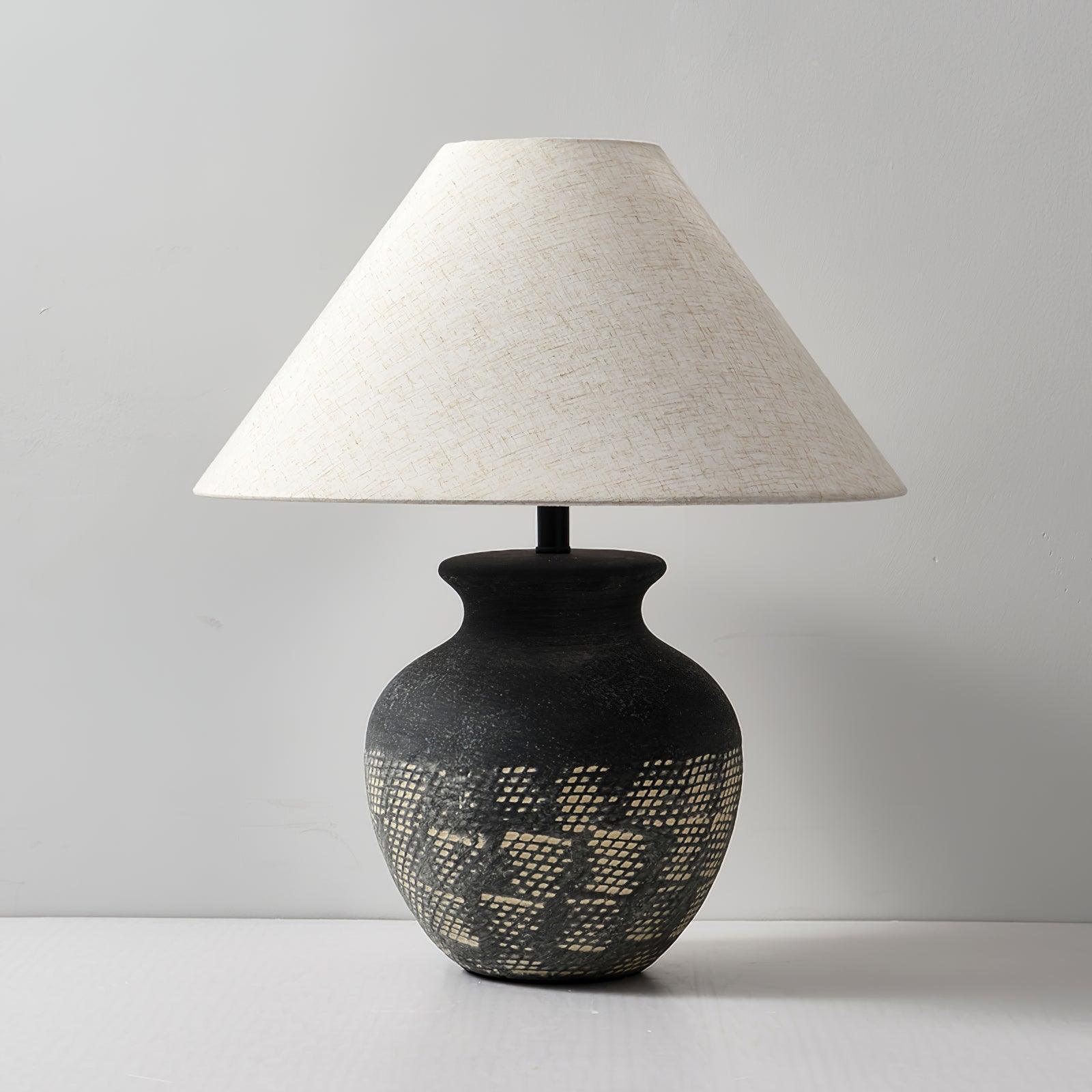Ansel Modern Textured Black Ceramic Table Lamp with Beige Fabric Shade