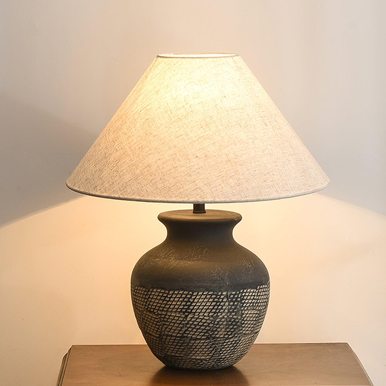 Ansel Modern Textured Black Ceramic Table Lamp with Beige Fabric Shade
