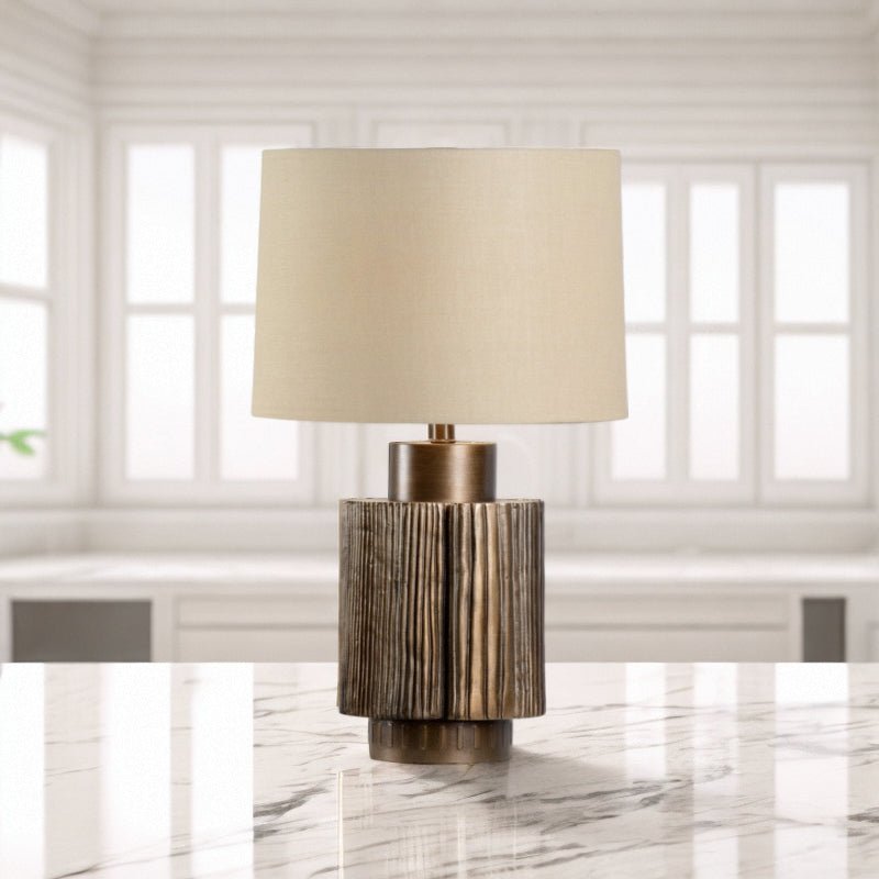 Elegant Antique Bronze Groove Table Lamp with Beige Fabric Shade for Bedroom and Office