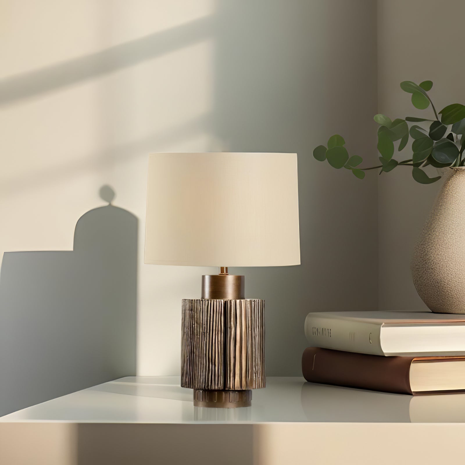 Elegant Antique Bronze Groove Table Lamp with Beige Fabric Shade for Bedroom and Office