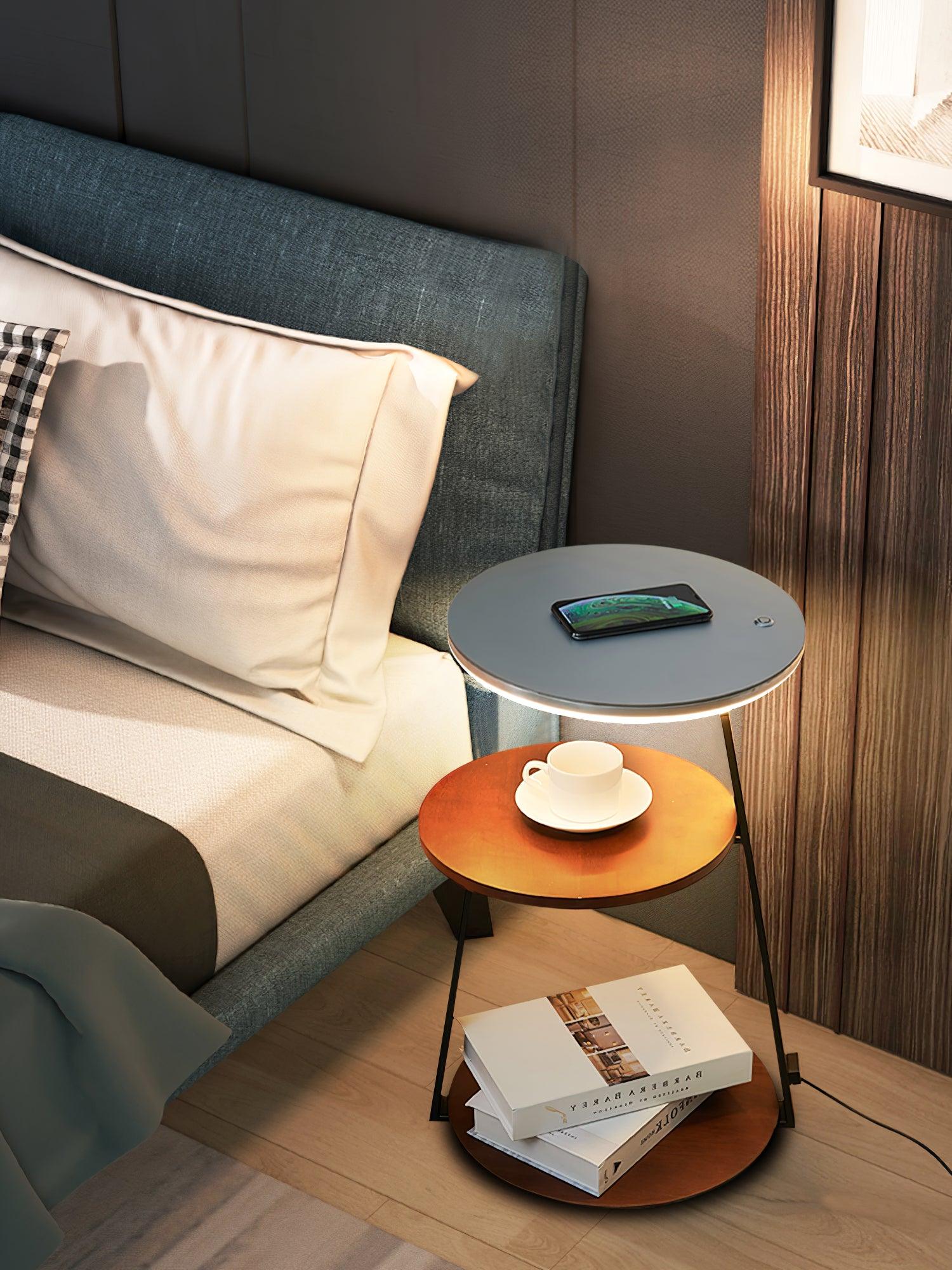 Modern Tiered LED Torchiere Floor Lamp with QI Wireless Charging and Wood Accents