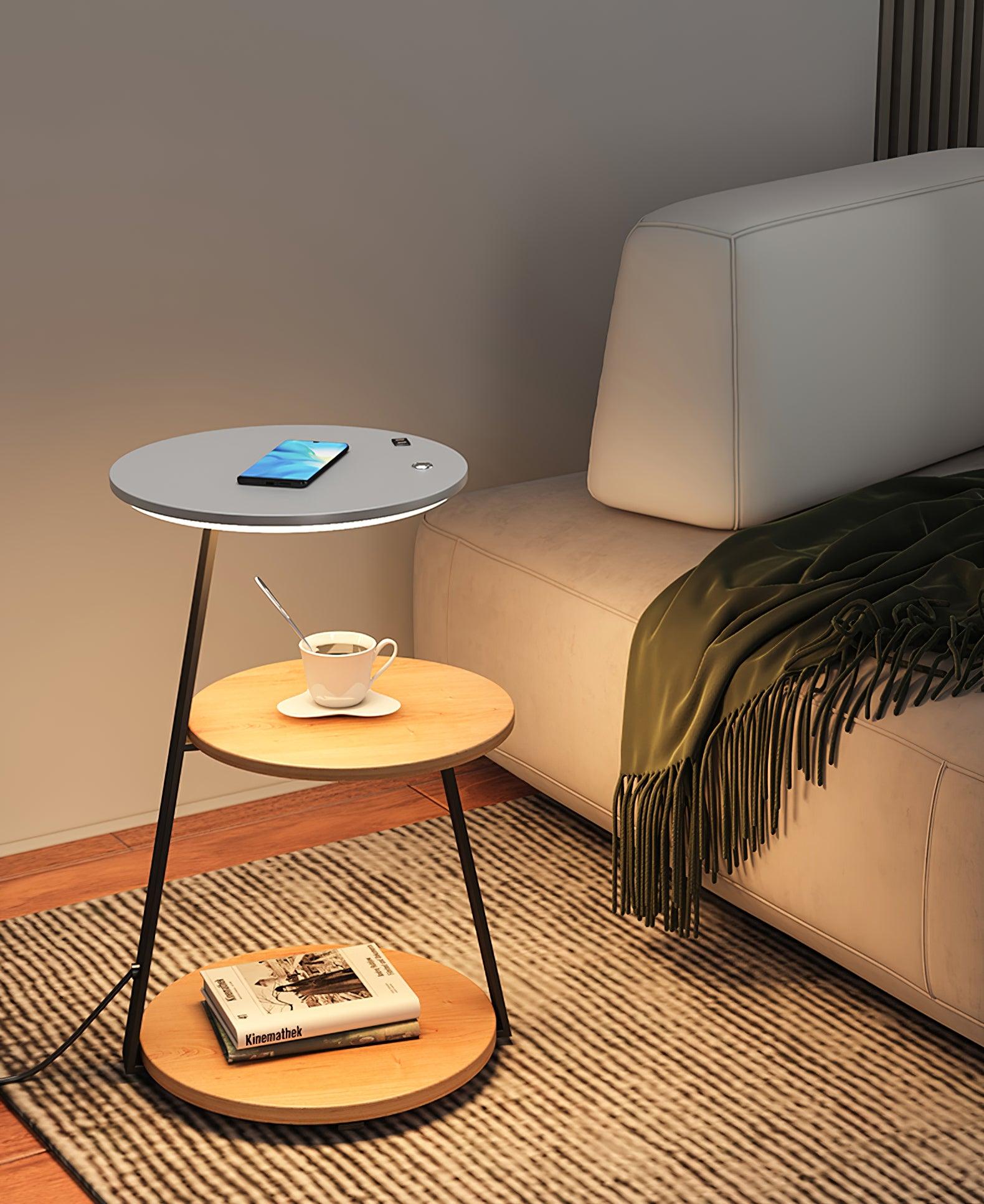 Modern Tiered LED Torchiere Floor Lamp with QI Wireless Charging and Wood Accents