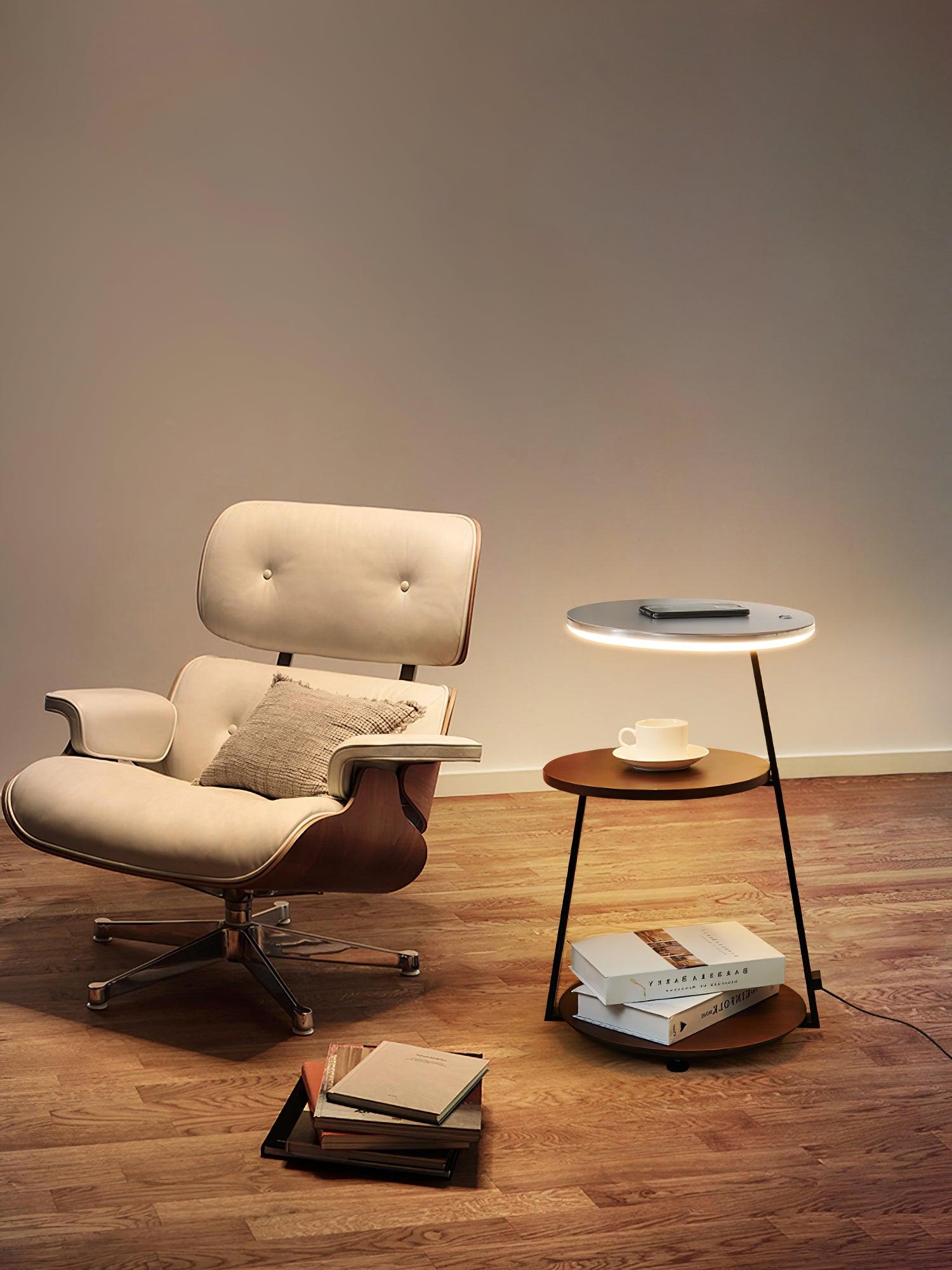 Modern Tiered LED Torchiere Floor Lamp with QI Wireless Charging and Wood Accents