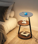 Modern Tiered LED Torchiere Floor Lamp with QI Wireless Charging and Wood Accents