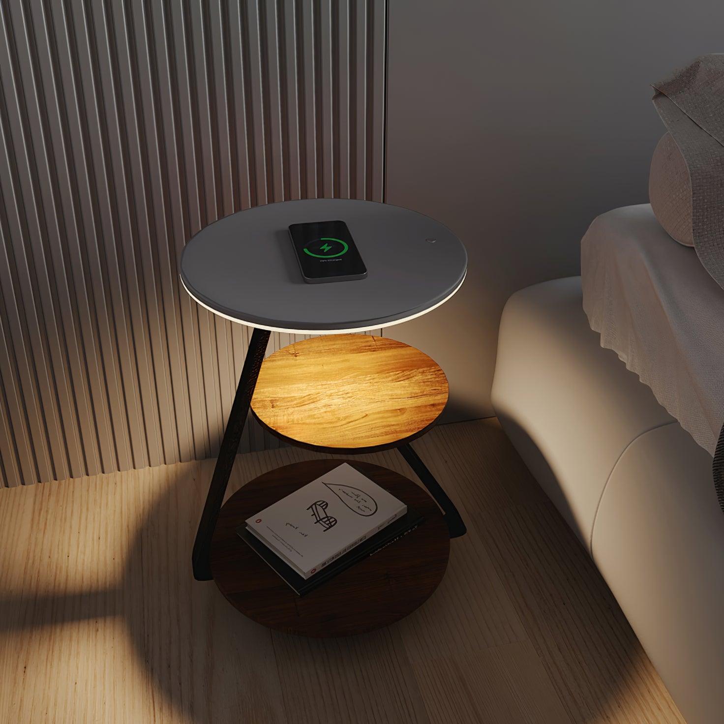 Modern Tiered LED Torchiere Floor Lamp with QI Wireless Charging and Wood Accents