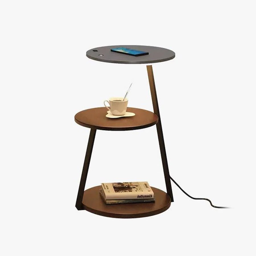 Modern Tiered LED Torchiere Floor Lamp with QI Wireless Charging and Wood Accents