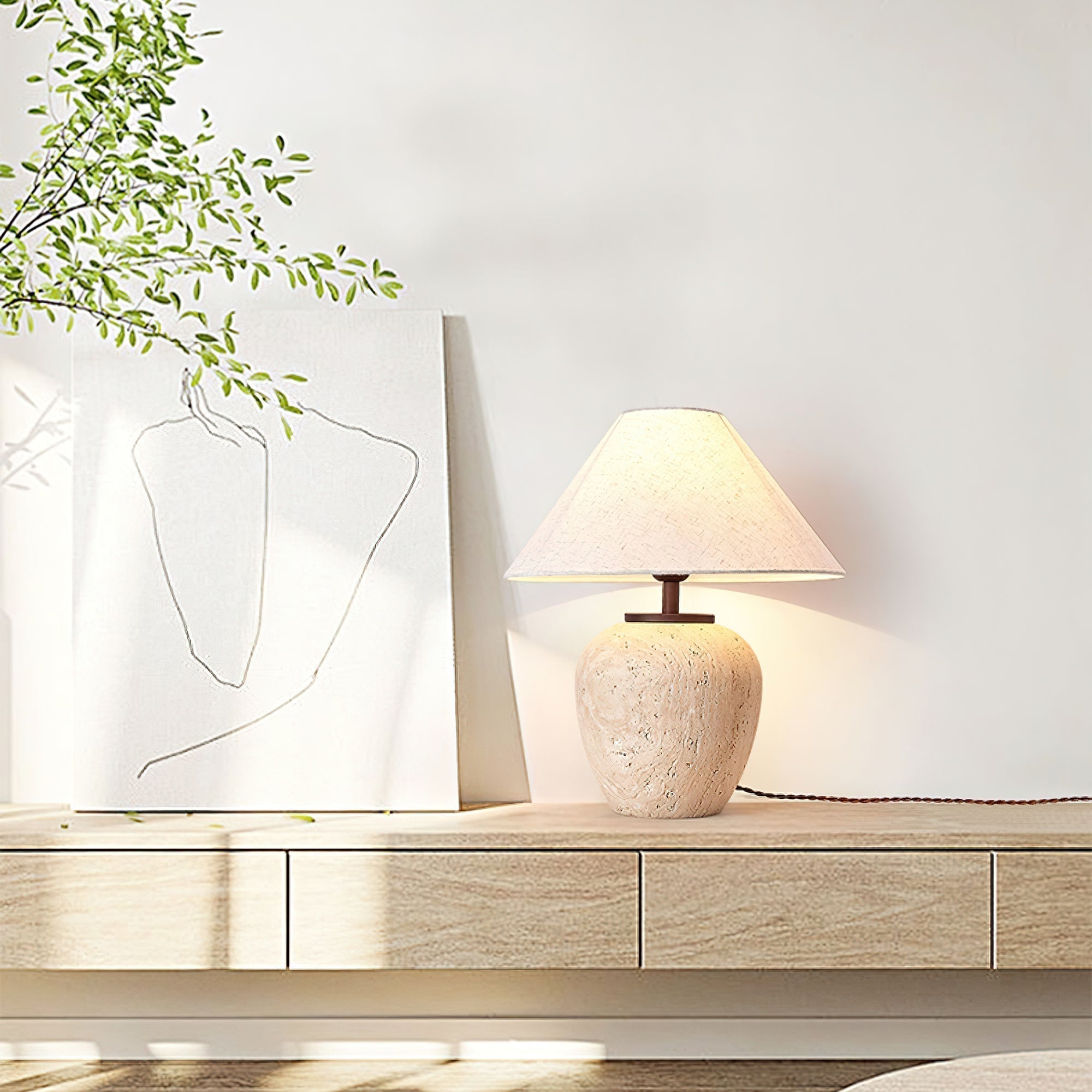 Modern Natural Yellow Travertine Table Lamp with White Fabric Shade for Bedroom and Living Room