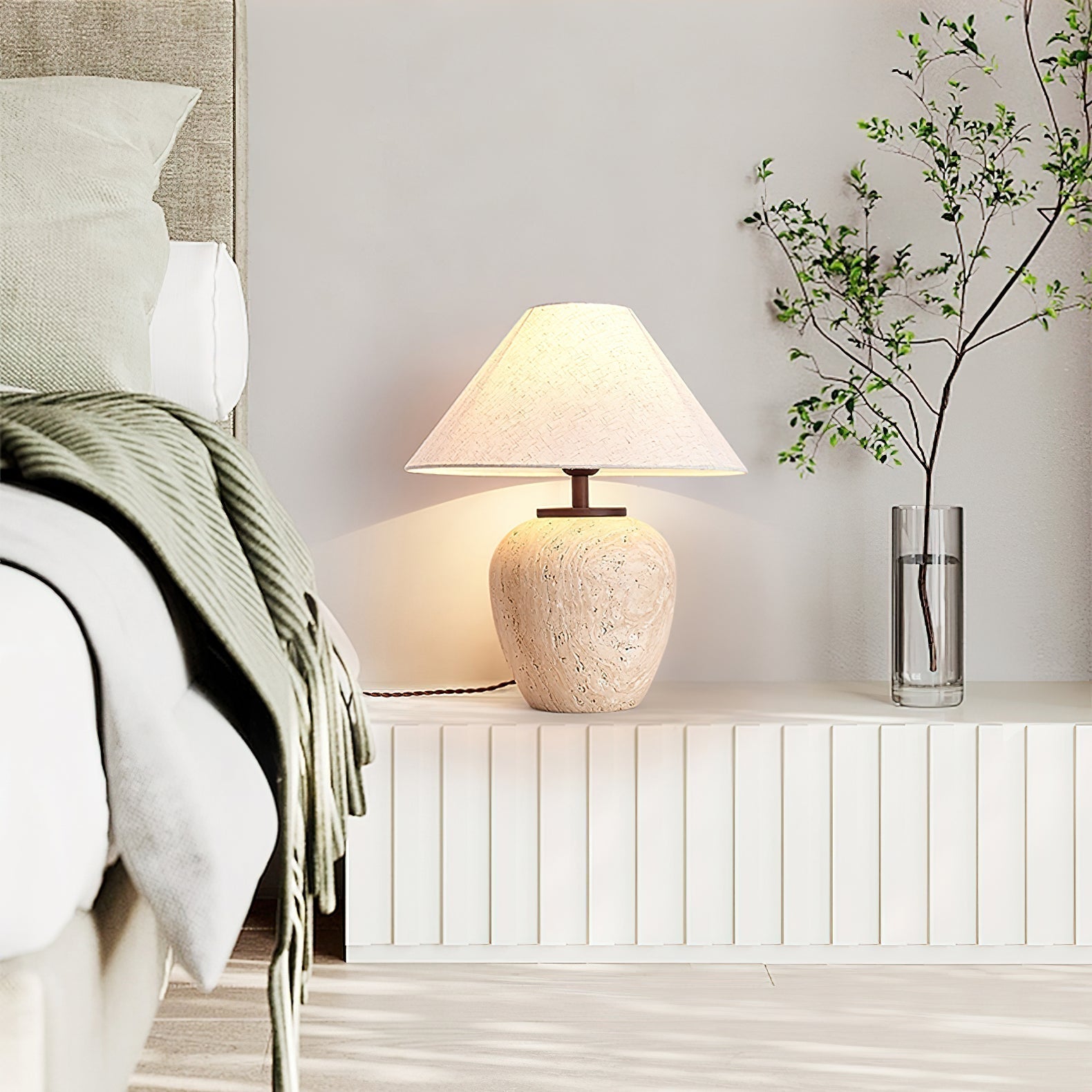 Modern Natural Yellow Travertine Table Lamp with White Fabric Shade for Bedroom and Living Room
