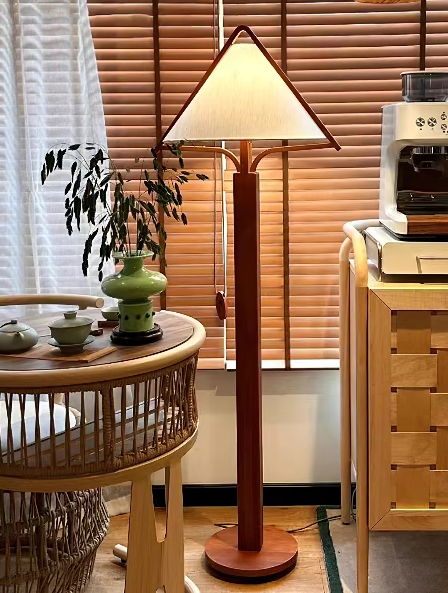 Modern Triangular Shade Tripod Floor Lamp with Walnut Wood Base for Living Room