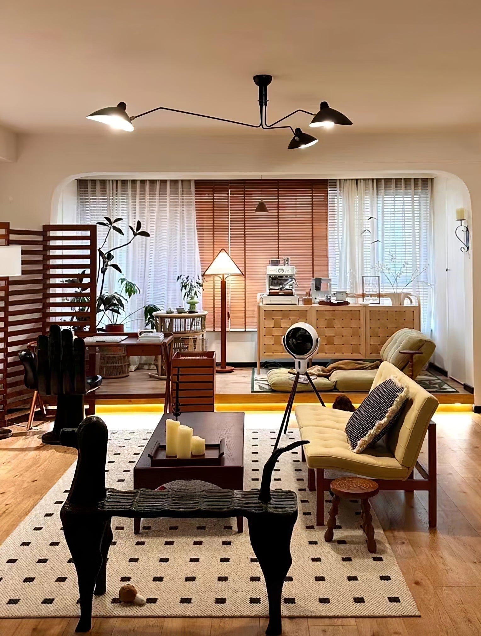 Modern Triangular Shade Tripod Floor Lamp with Walnut Wood Base for Living Room