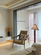 Modern Triangular Shade Tripod Floor Lamp with Walnut Wood Base for Living Room