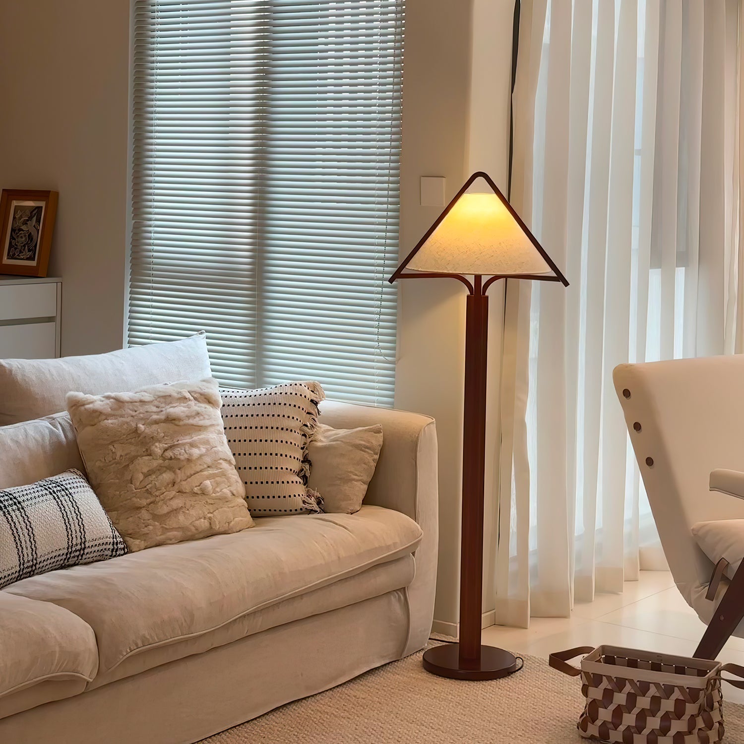 Modern Triangular Shade Tripod Floor Lamp with Walnut Wood Base for Living Room