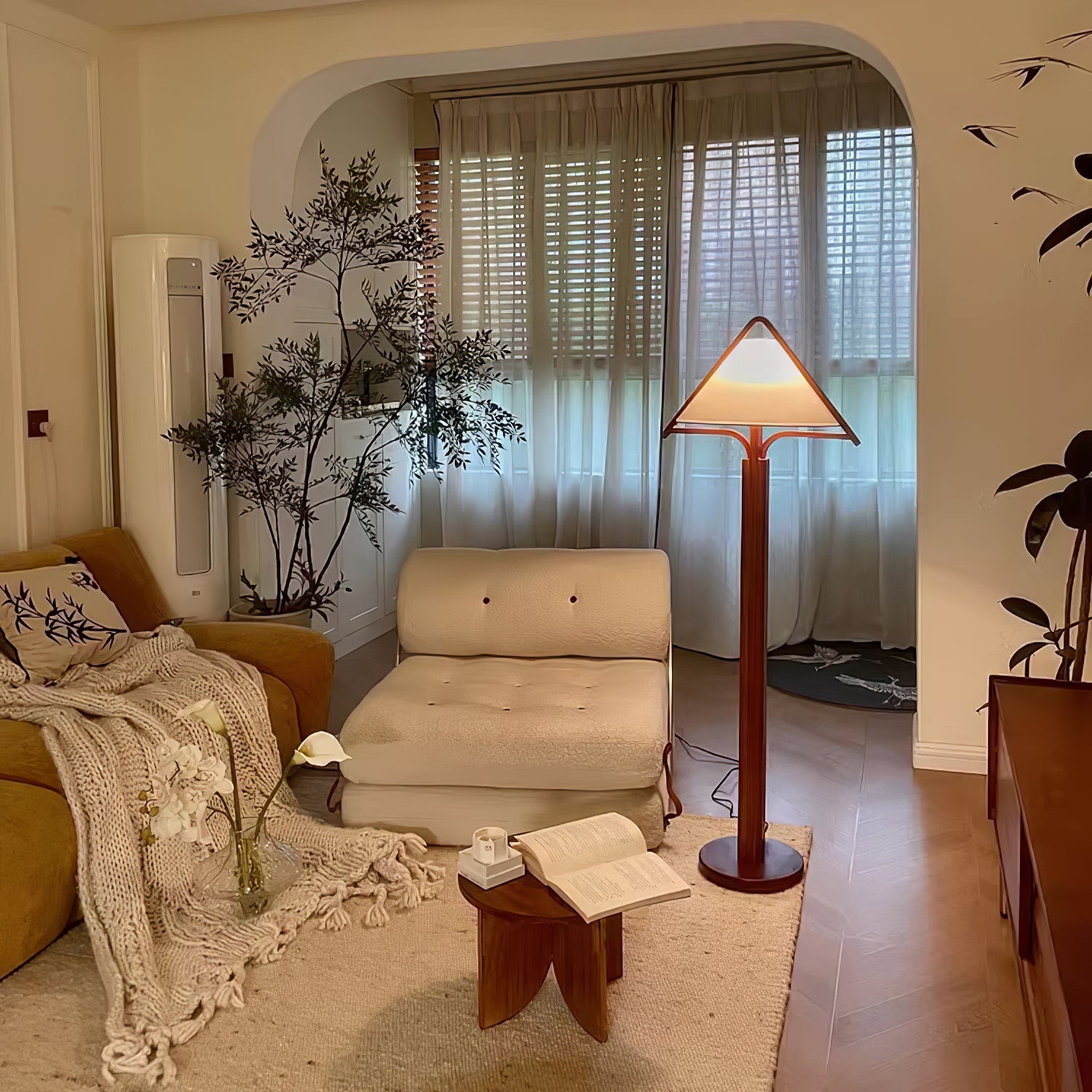 Modern Triangular Shade Tripod Floor Lamp with Walnut Wood Base for Living Room