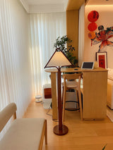 Modern Triangular Shade Tripod Floor Lamp with Walnut Wood Base for Living Room