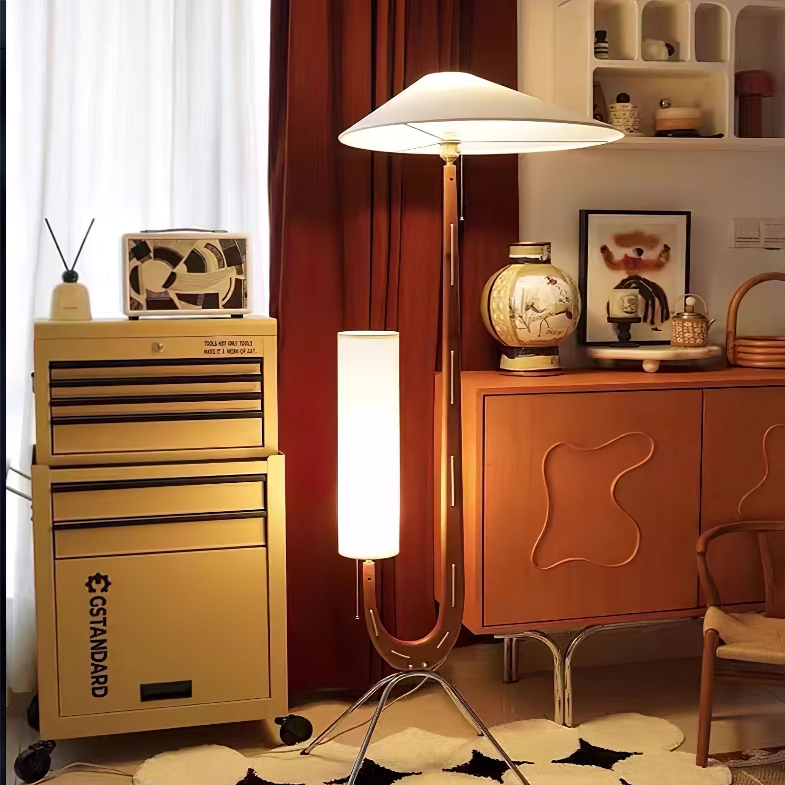 Modern Triangular Shade Tripod Floor Lamp with Walnut Wood Base for Living Room