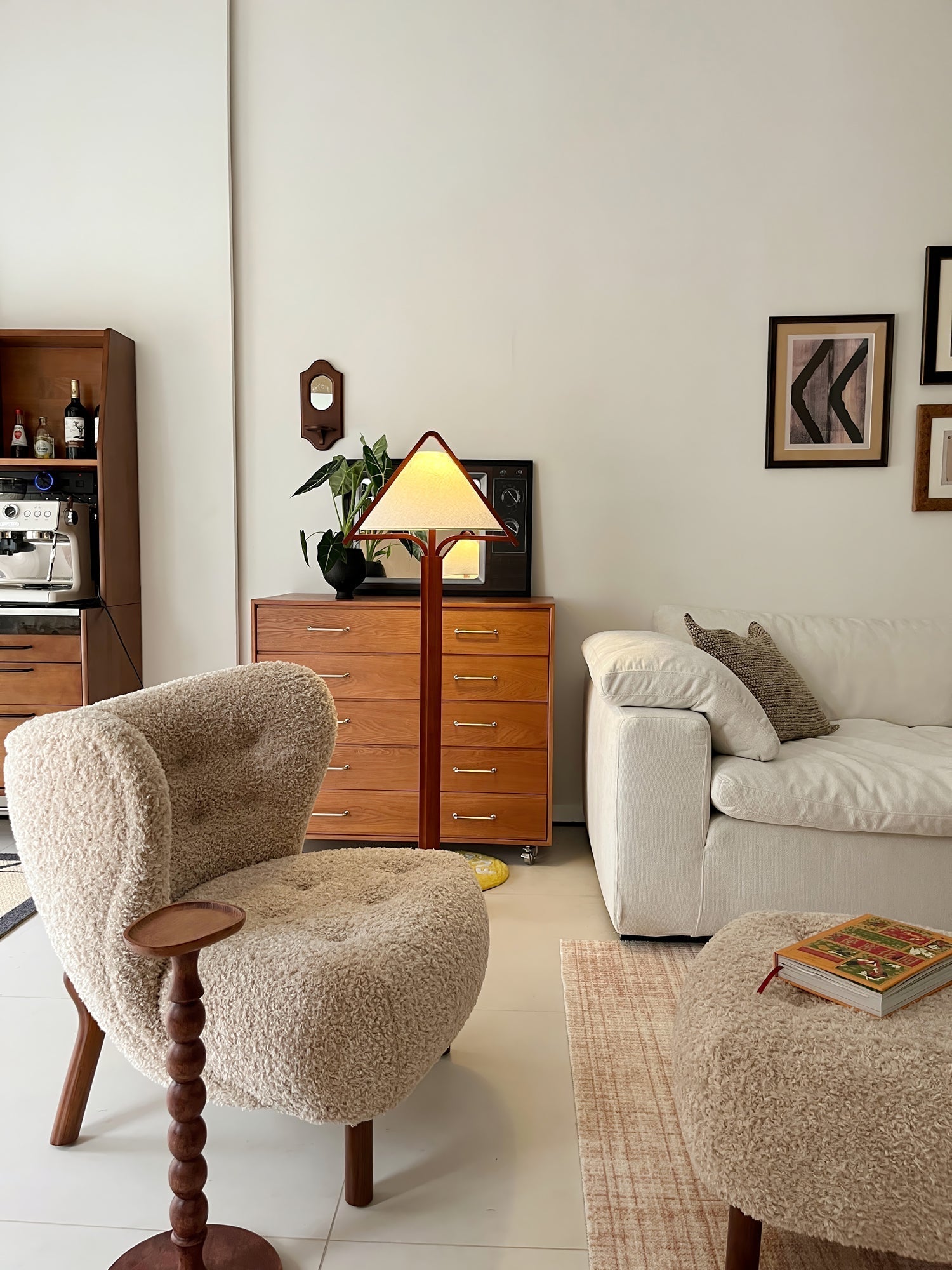 Modern Triangular Shade Tripod Floor Lamp with Walnut Wood Base for Living Room