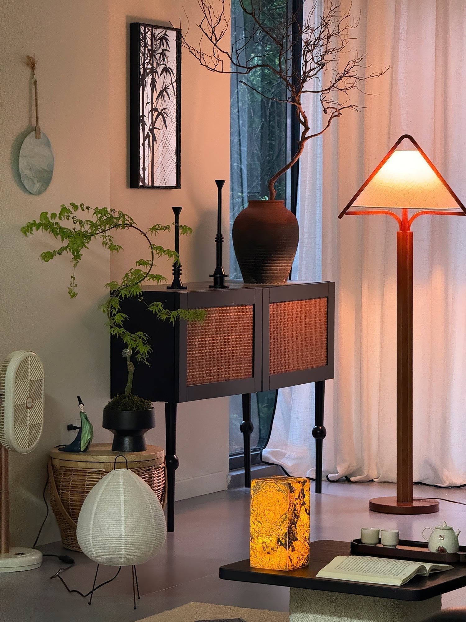 Modern Triangular Shade Tripod Floor Lamp with Walnut Wood Base for Living Room