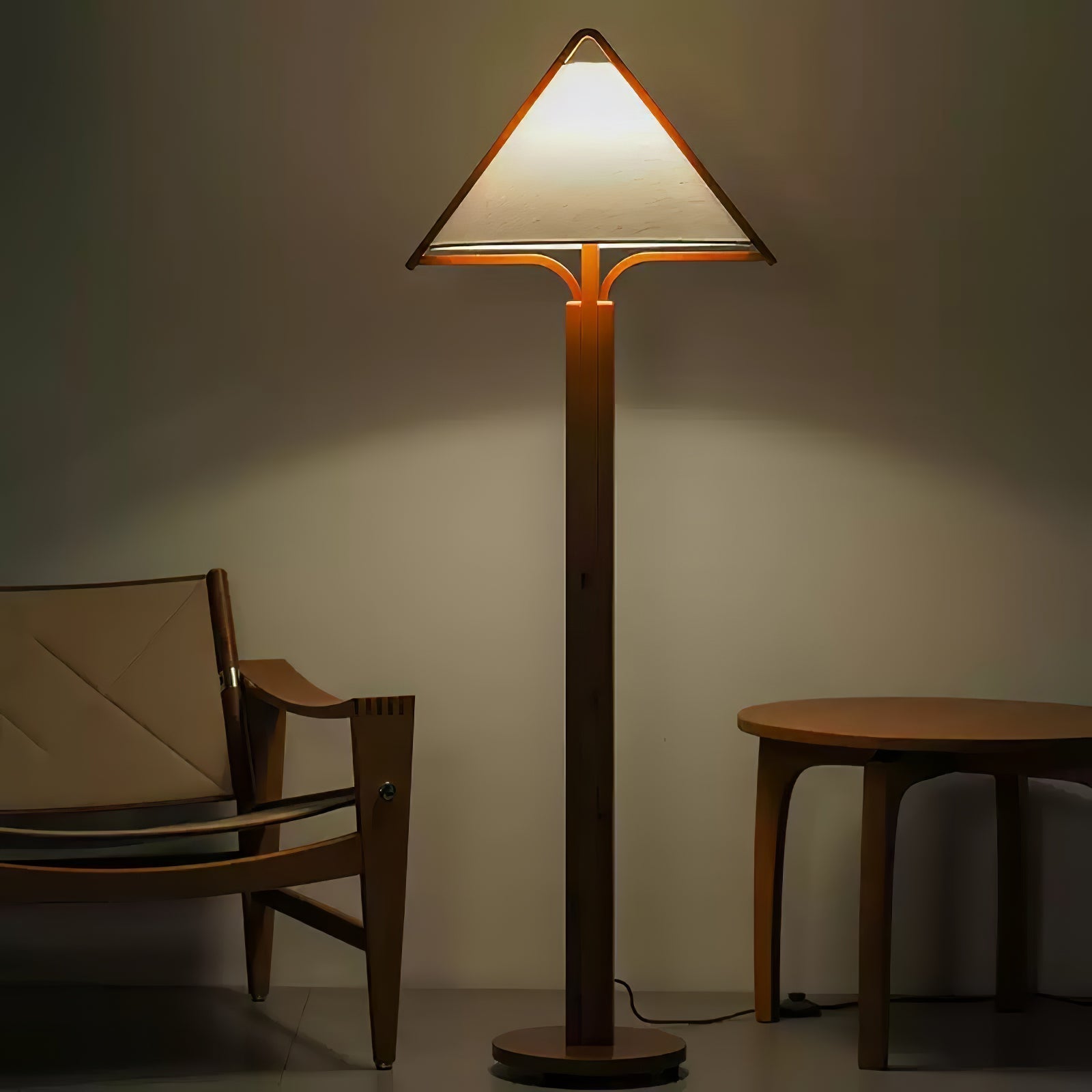 Modern Triangular Shade Tripod Floor Lamp with Walnut Wood Base for Living Room