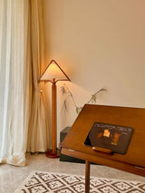 Modern Triangular Shade Tripod Floor Lamp with Walnut Wood Base for Living Room