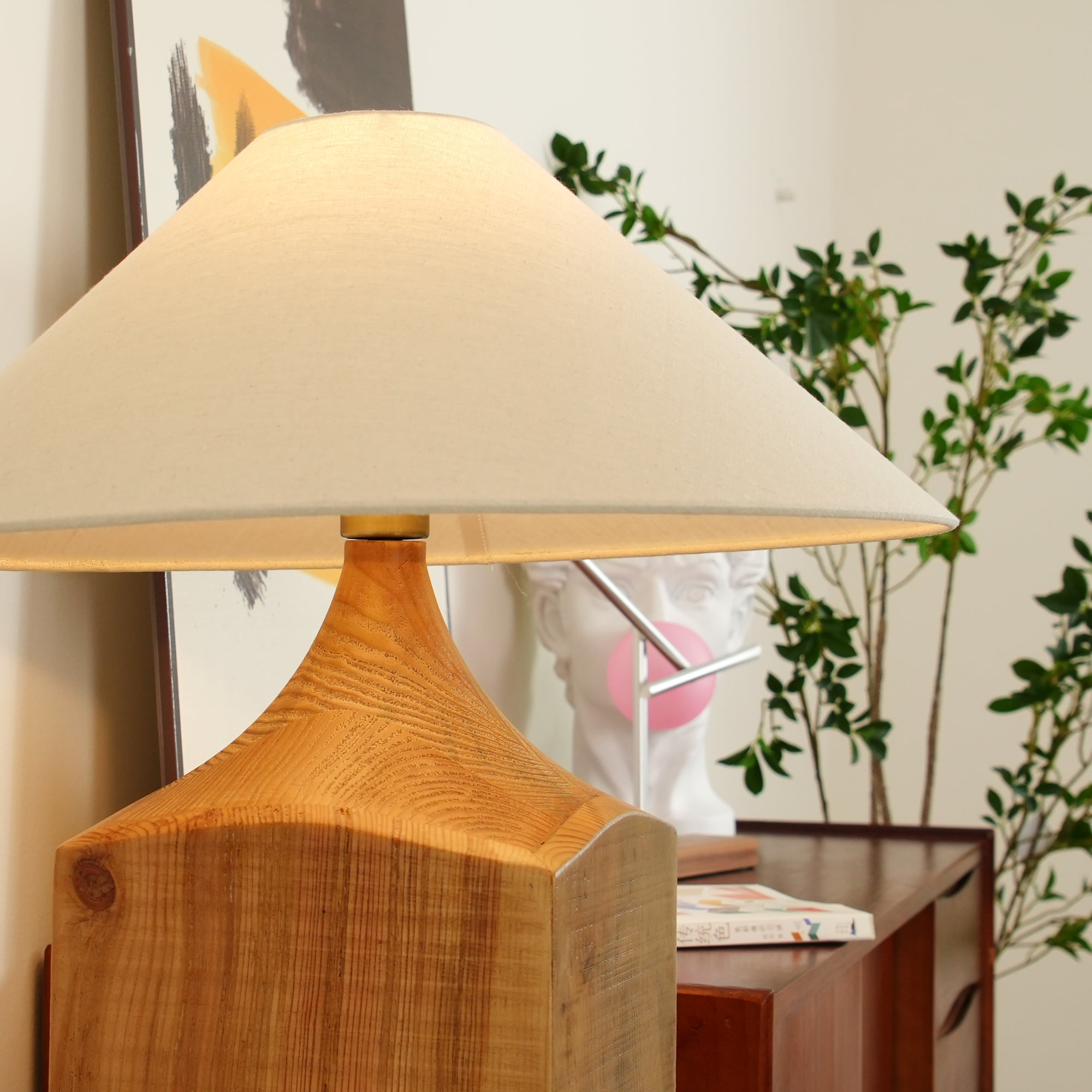 Rustic Wood Floor Lamp with Organic Texture and Beige Fabric Shade Standing Reading Light