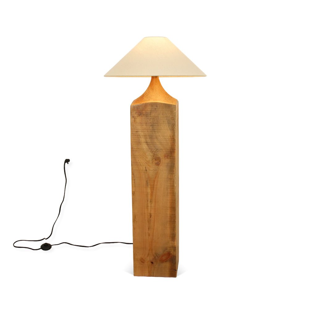 Rustic Wood Floor Lamp with Organic Texture and Beige Fabric Shade Standing Reading Light