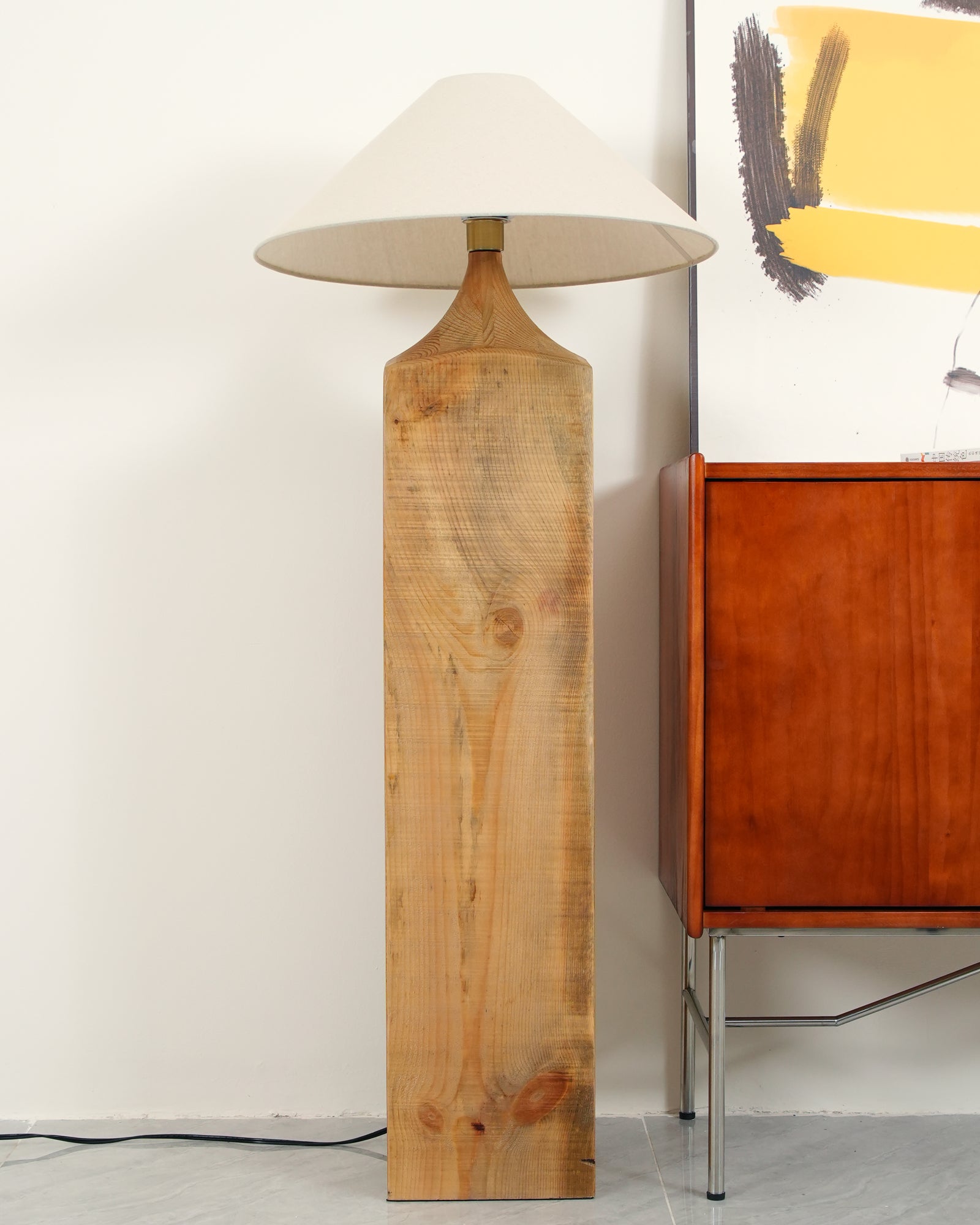 Rustic Wood Floor Lamp with Organic Texture and Beige Fabric Shade Standing Reading Light