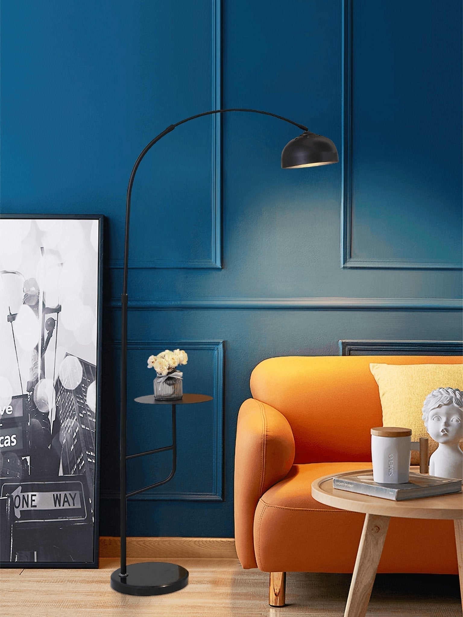 Arc Bell Metal Floor Lamp with Natural Marble Base and Integrated Side Table Tray