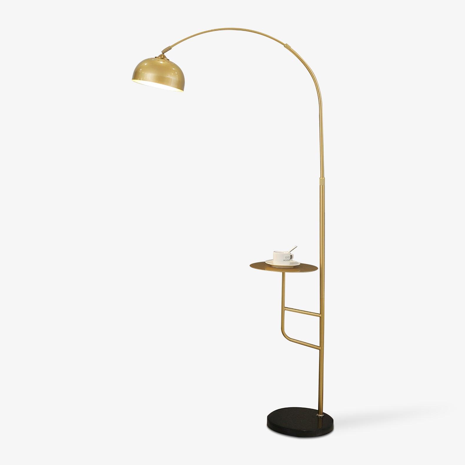Arc Bell Metal Floor Lamp with Natural Marble Base and Integrated Side Table Tray