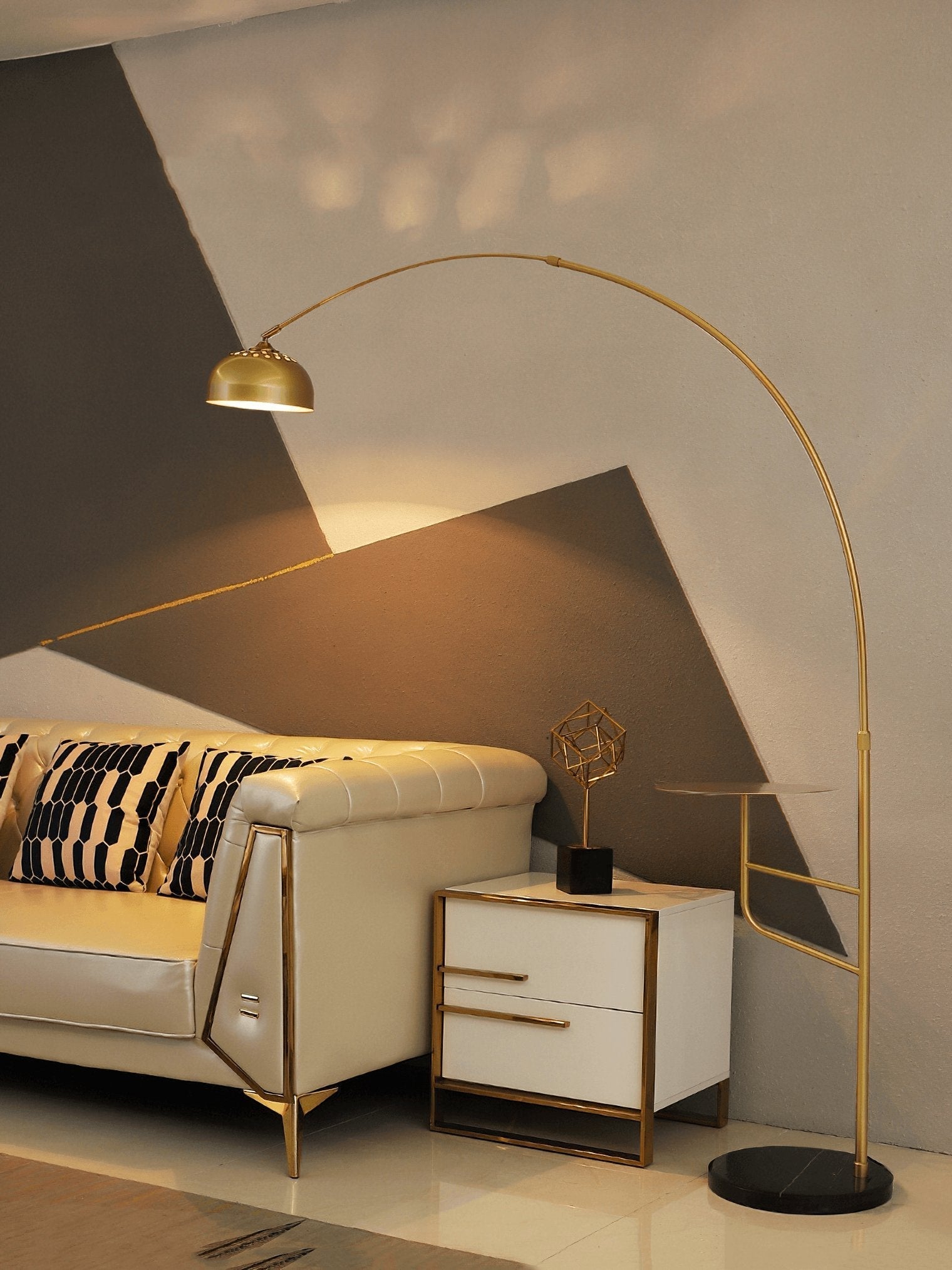 Arc Bell Metal Floor Lamp with Natural Marble Base and Integrated Side Table Tray