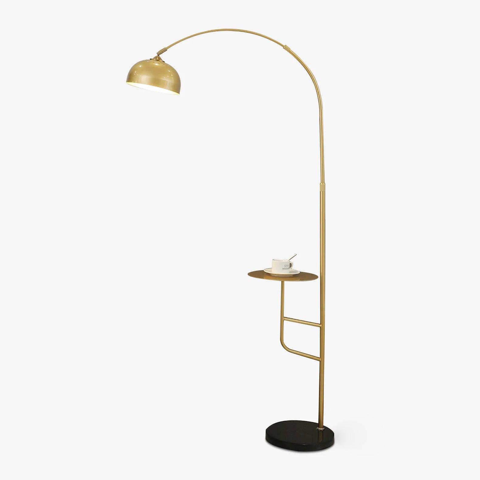 Arc Bell Metal Floor Lamp with Natural Marble Base and Integrated Side Table Tray