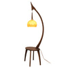 Walnut Wood Arched Floor Lamp with Integrated Side Table and Caramel Glass Shade