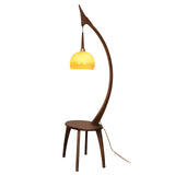 Walnut Wood Arched Floor Lamp with Integrated Side Table and Caramel Glass Shade