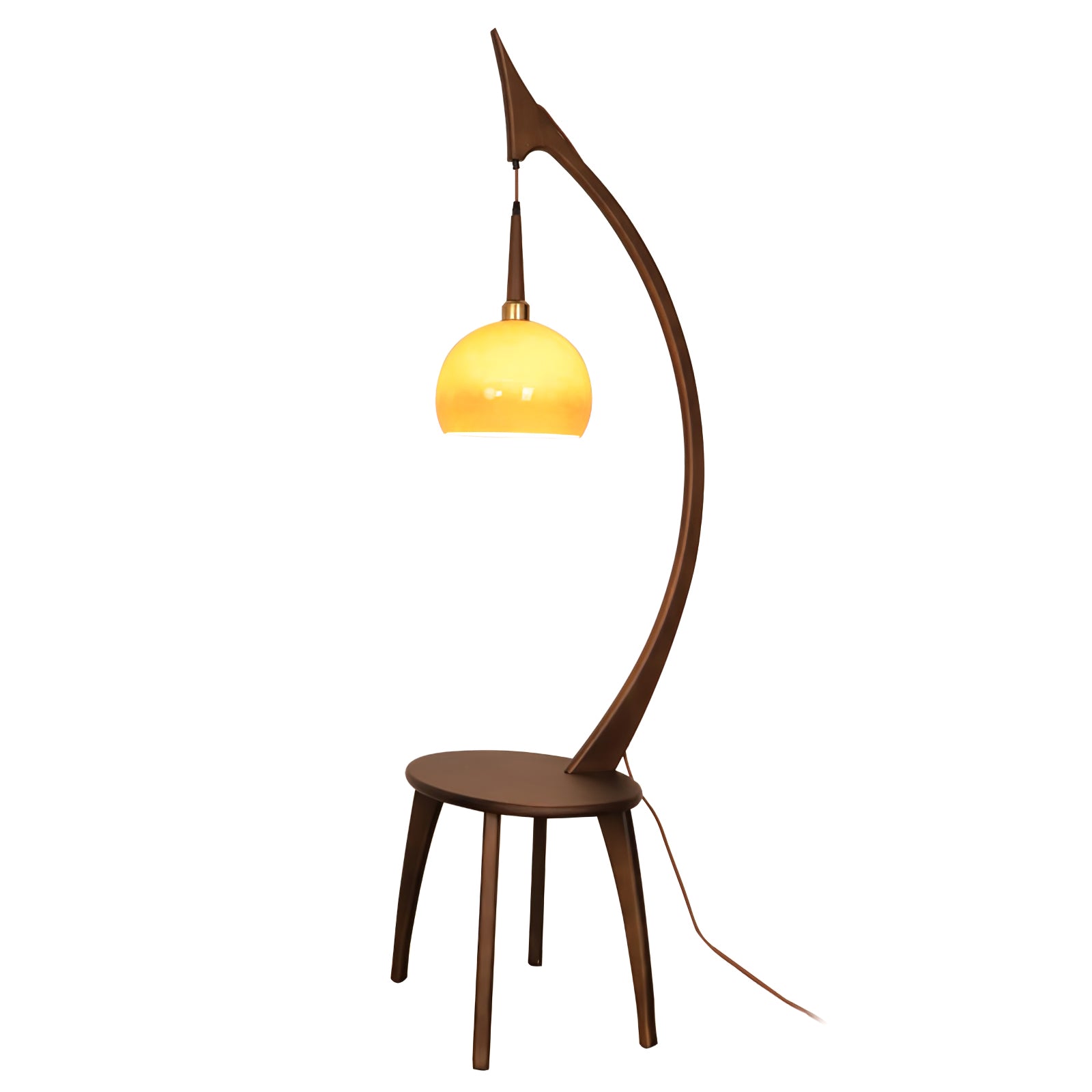 Walnut Wood Arched Floor Lamp with Integrated Side Table and Caramel Glass Shade