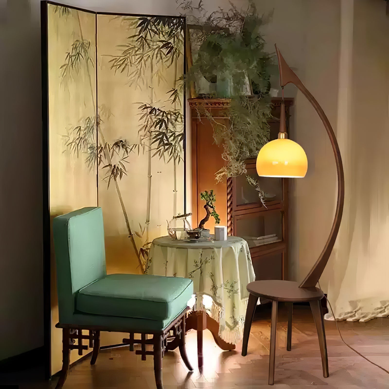 Walnut Wood Arched Floor Lamp with Integrated Side Table and Caramel Glass Shade