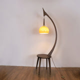 Walnut Wood Arched Floor Lamp with Integrated Side Table and Caramel Glass Shade