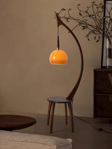 Walnut Wood Arched Floor Lamp with Integrated Side Table and Caramel Glass Shade