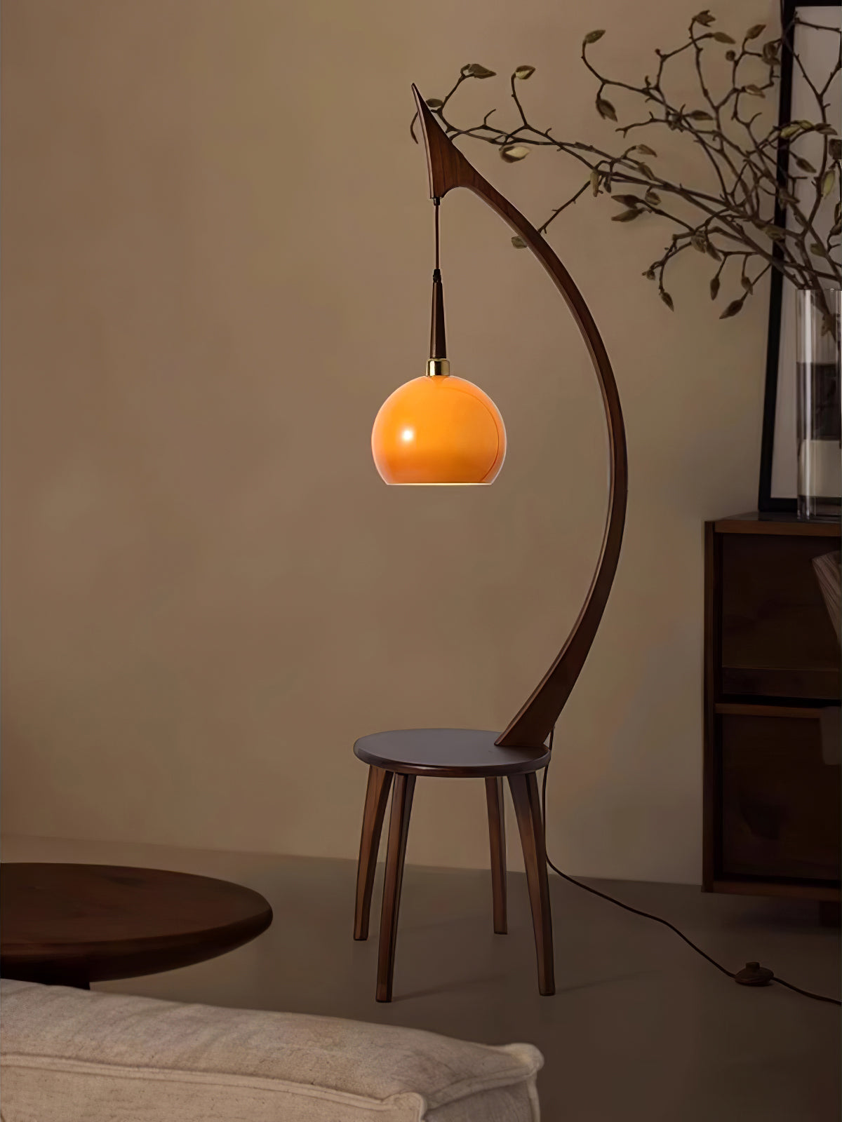 Walnut Wood Arched Floor Lamp with Integrated Side Table and Caramel Glass Shade