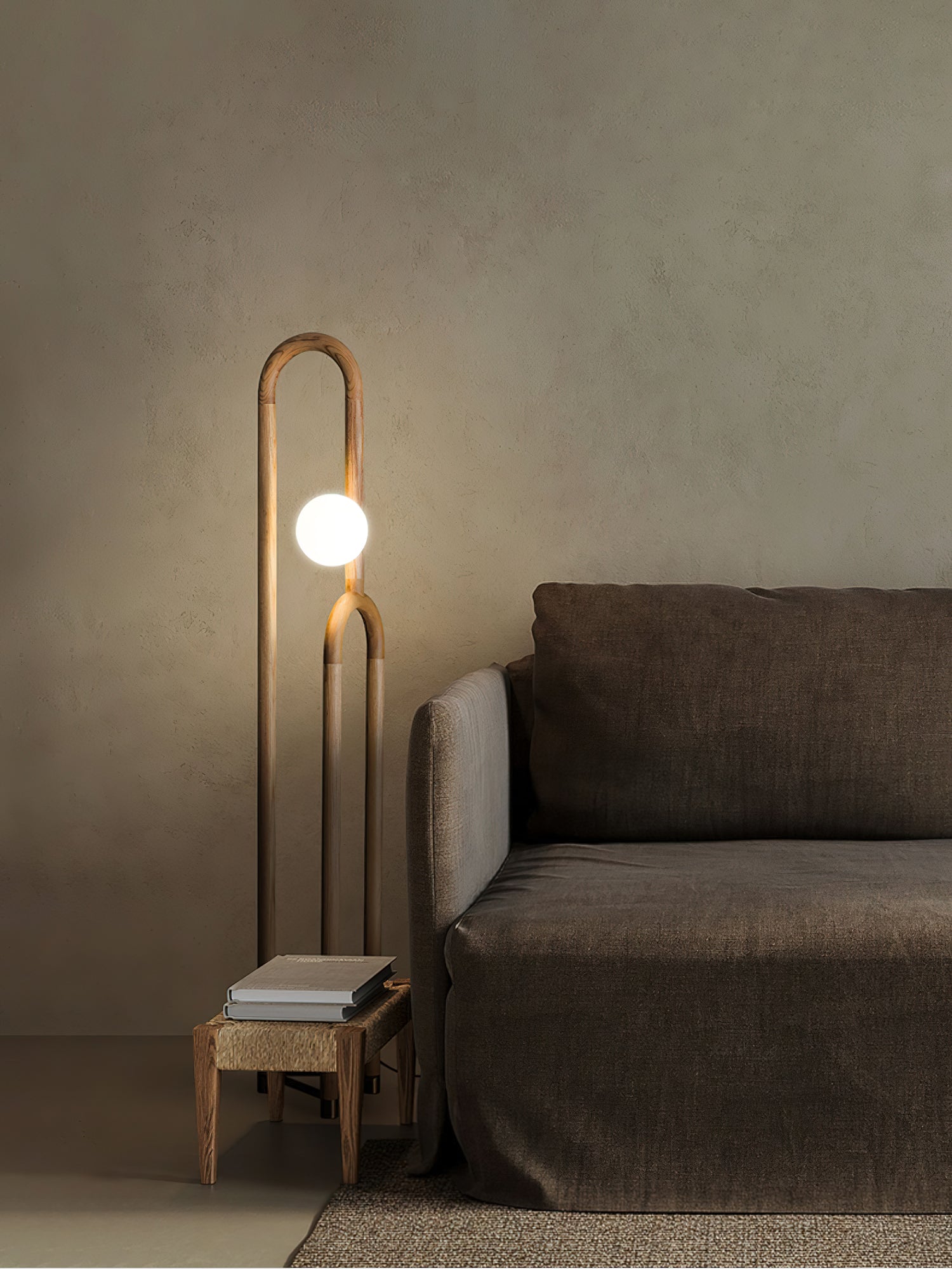 Modern Wood Arc Floor Lamp Minimalist Torchiere Standing Light with Acrylic Orb