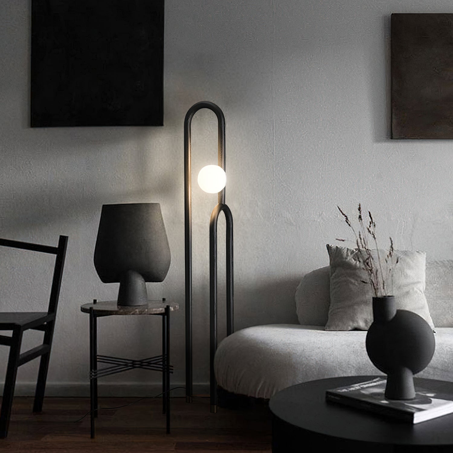 Modern Wood Arc Floor Lamp Minimalist Torchiere Standing Light with Acrylic Orb
