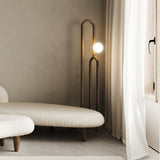Modern Wood Arc Floor Lamp Minimalist Torchiere Standing Light with Acrylic Orb