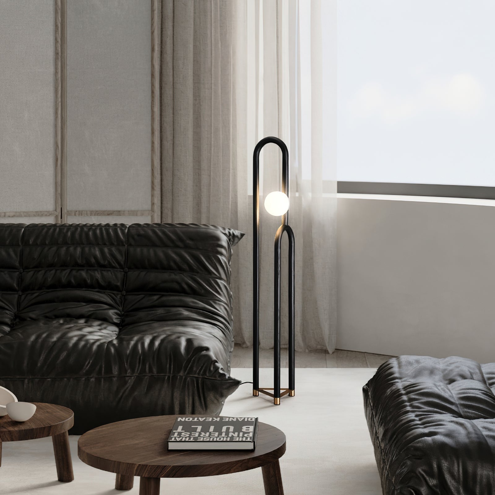 Modern Wood Arc Floor Lamp Minimalist Torchiere Standing Light with Acrylic Orb
