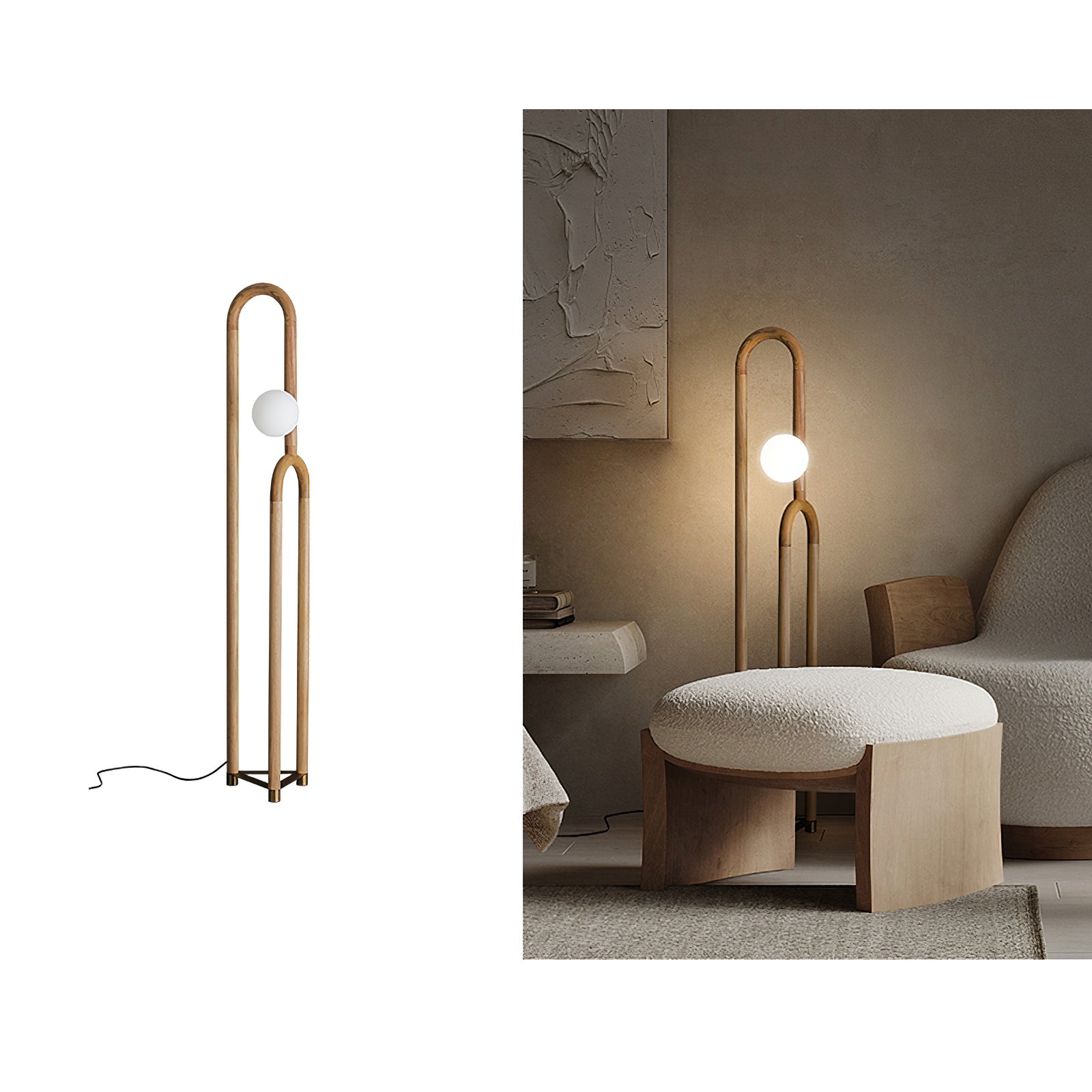 Modern Wood Arc Floor Lamp Minimalist Torchiere Standing Light with Acrylic Orb