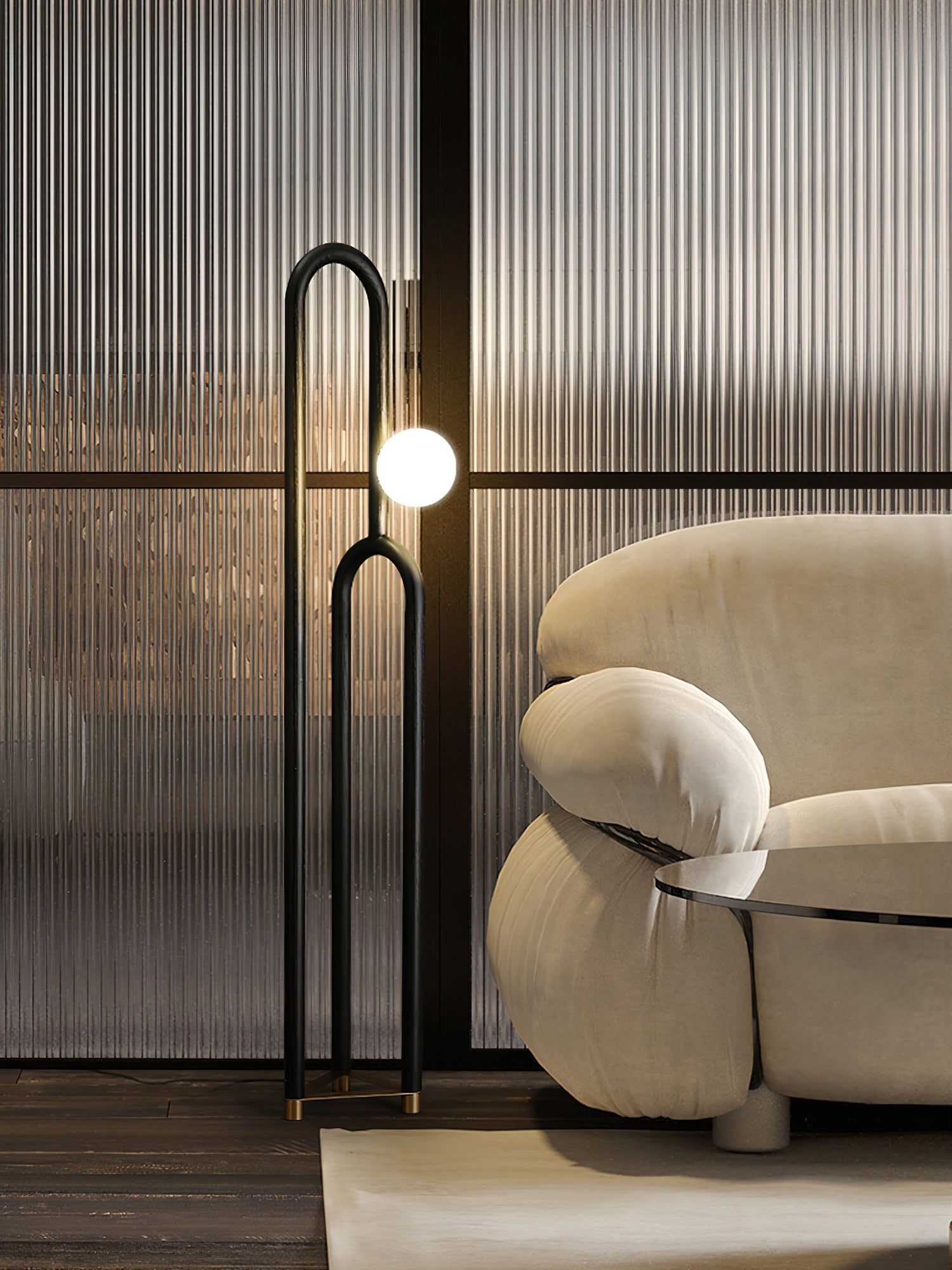 Modern Wood Arc Floor Lamp Minimalist Torchiere Standing Light with Acrylic Orb