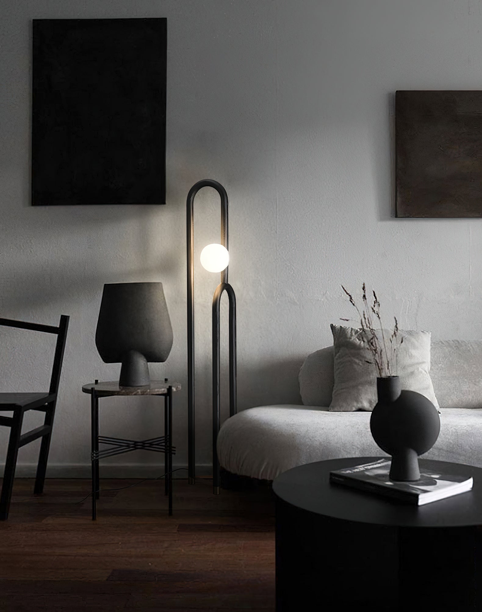 Modern Wood Arc Floor Lamp Minimalist Torchiere Standing Light with Acrylic Orb