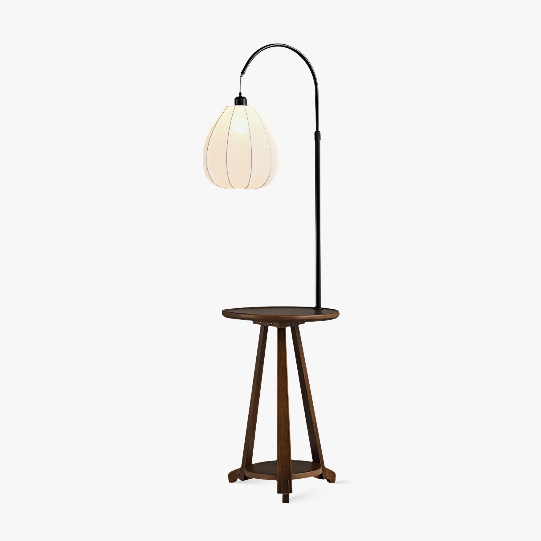 Modern Walnut Wood Arc Floor Lamp with Integrated Side Table and Fabric Shade