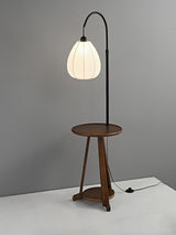 Modern Walnut Wood Arc Floor Lamp with Integrated Side Table and Fabric Shade