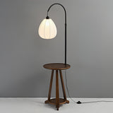 Modern Walnut Wood Arc Floor Lamp with Integrated Side Table and Fabric Shade