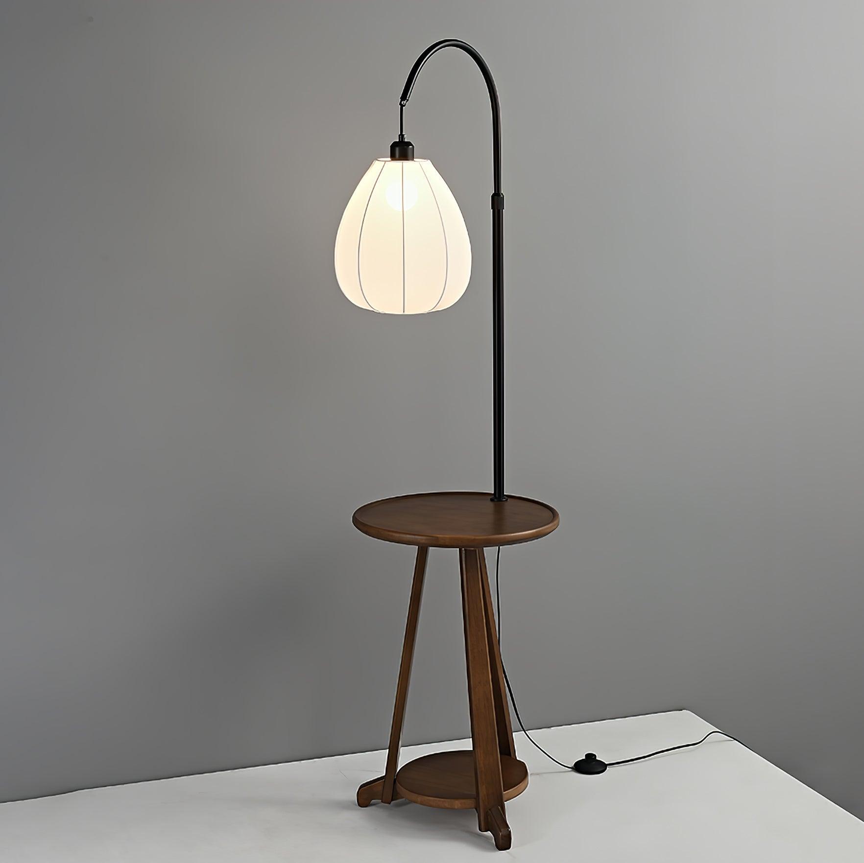 Modern Walnut Wood Arc Floor Lamp with Integrated Side Table and Fabric Shade