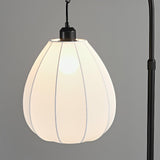Modern Walnut Wood Arc Floor Lamp with Integrated Side Table and Fabric Shade