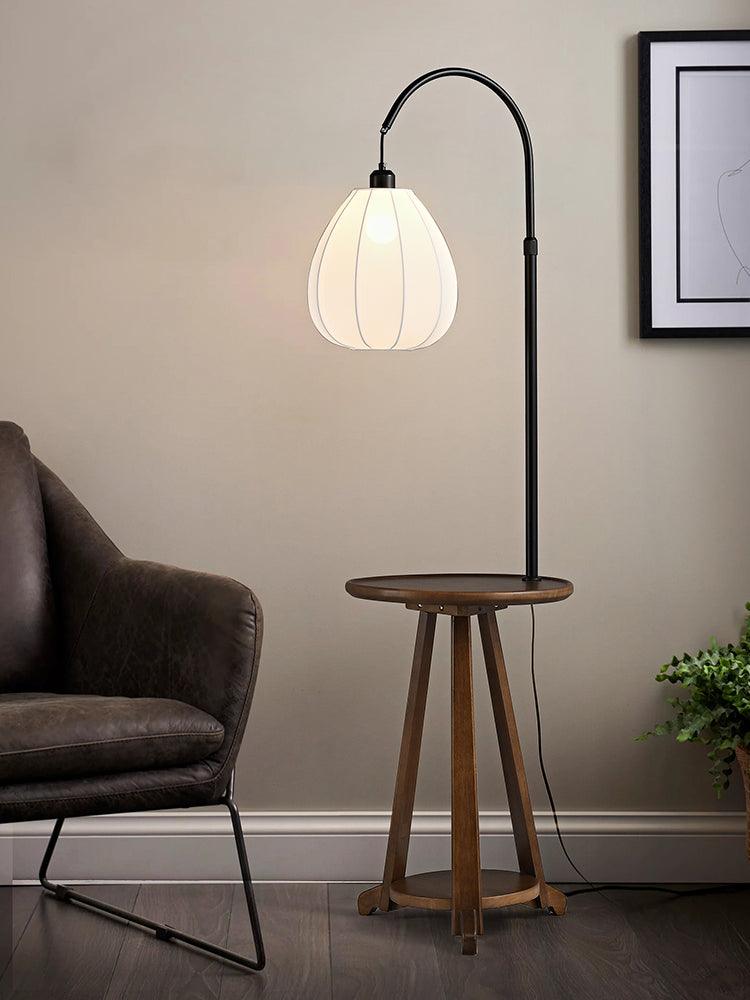 Modern Walnut Wood Arc Floor Lamp with Integrated Side Table and Fabric Shade